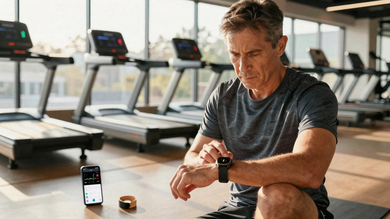 Homem em roupa de ginástica sentado no chão da academia ajusta smartwatch com esteira ao fundo.