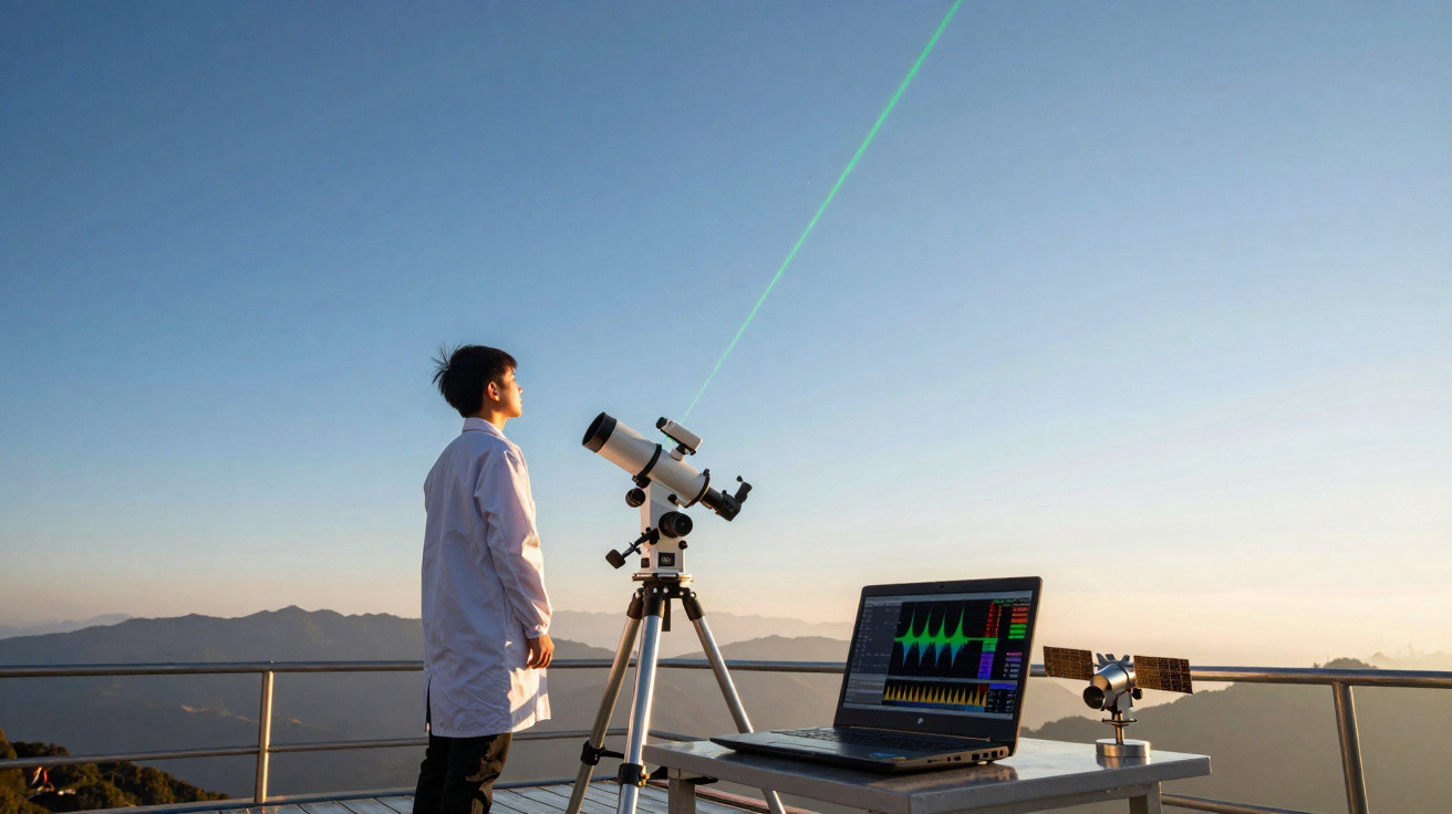 Jovem cientista com jaleco observa o céu ao lado de telescópio, laptop e equipamento de medição em área montanhosa.