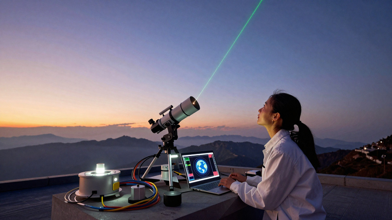 Mulher utilizando telescópio com laser verde em montanha ao entardecer, observando céu com laptop ao lado.