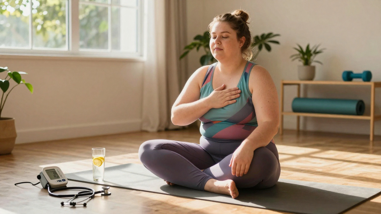 Mulher sentada em tapete de yoga praticando meditação e controle da respiração em ambiente iluminado.
