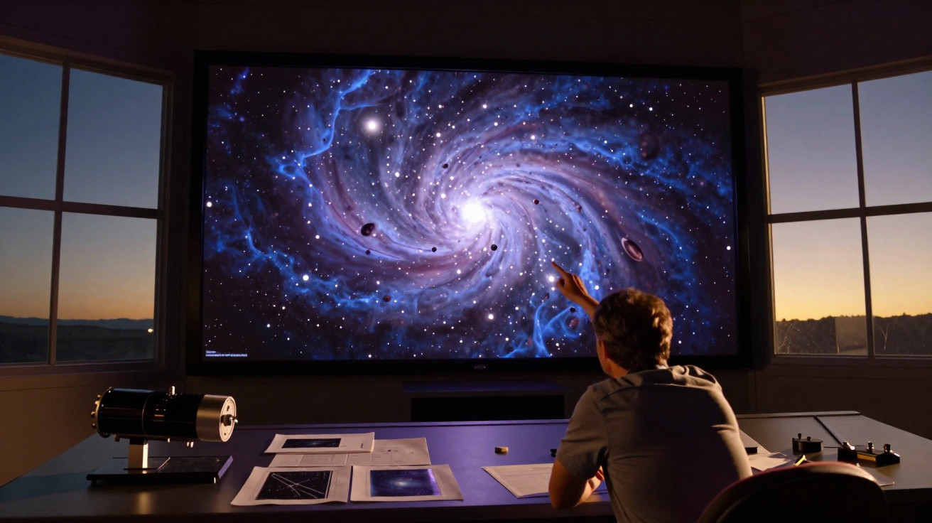 Pessoa apontando para uma tela grande que exibe uma galáxia espiral com várias estrelas e planetas, em uma sala escura.