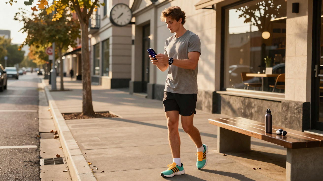 Homem jovem com roupa esportiva caminhando na calçada enquanto usa celular em dia ensolarado.
