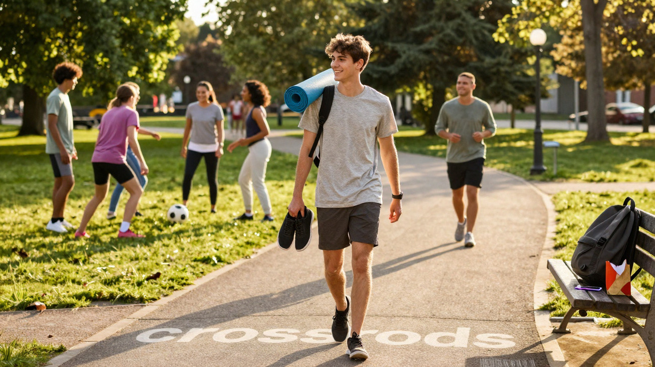 Jovem caminhando em parque com tapete de yoga, grupo jogando bola ao fundo em dia ensolarado.