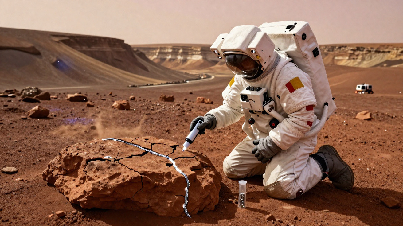 Astronauta examines rock with cracks on red rocky terrain resembling Mars landscape.