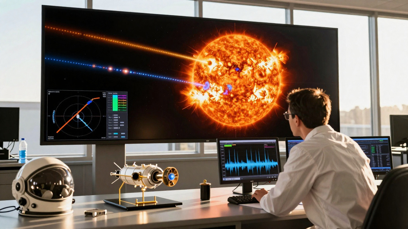 Homem em laboratório observando dados e simulação do sol em múltiplas telas de computador modernas.