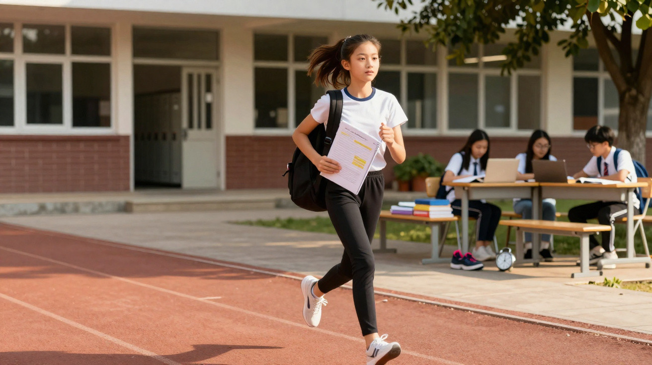 Menina carregando mochila e prova, correndo em pista escolar com colegas estudando ao fundo.