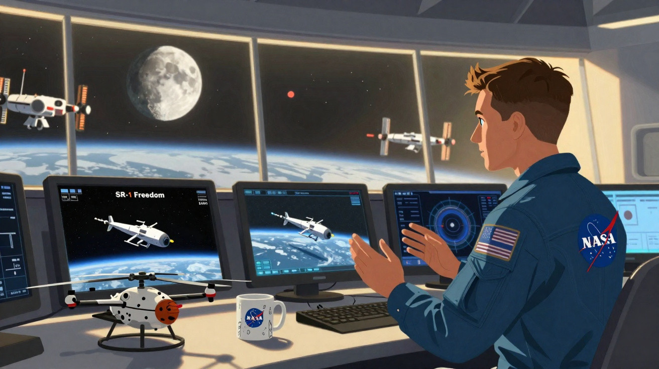 Astronauta na sala de controle observando imagens de satélite com a Terra e a Lua ao fundo.