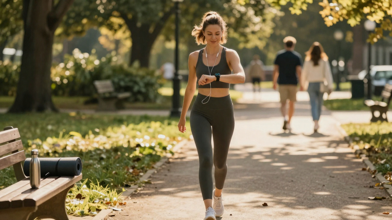 Mulher caminhando em parque ensolarado, vestindo roupa esportiva e olhando relógio no pulso.