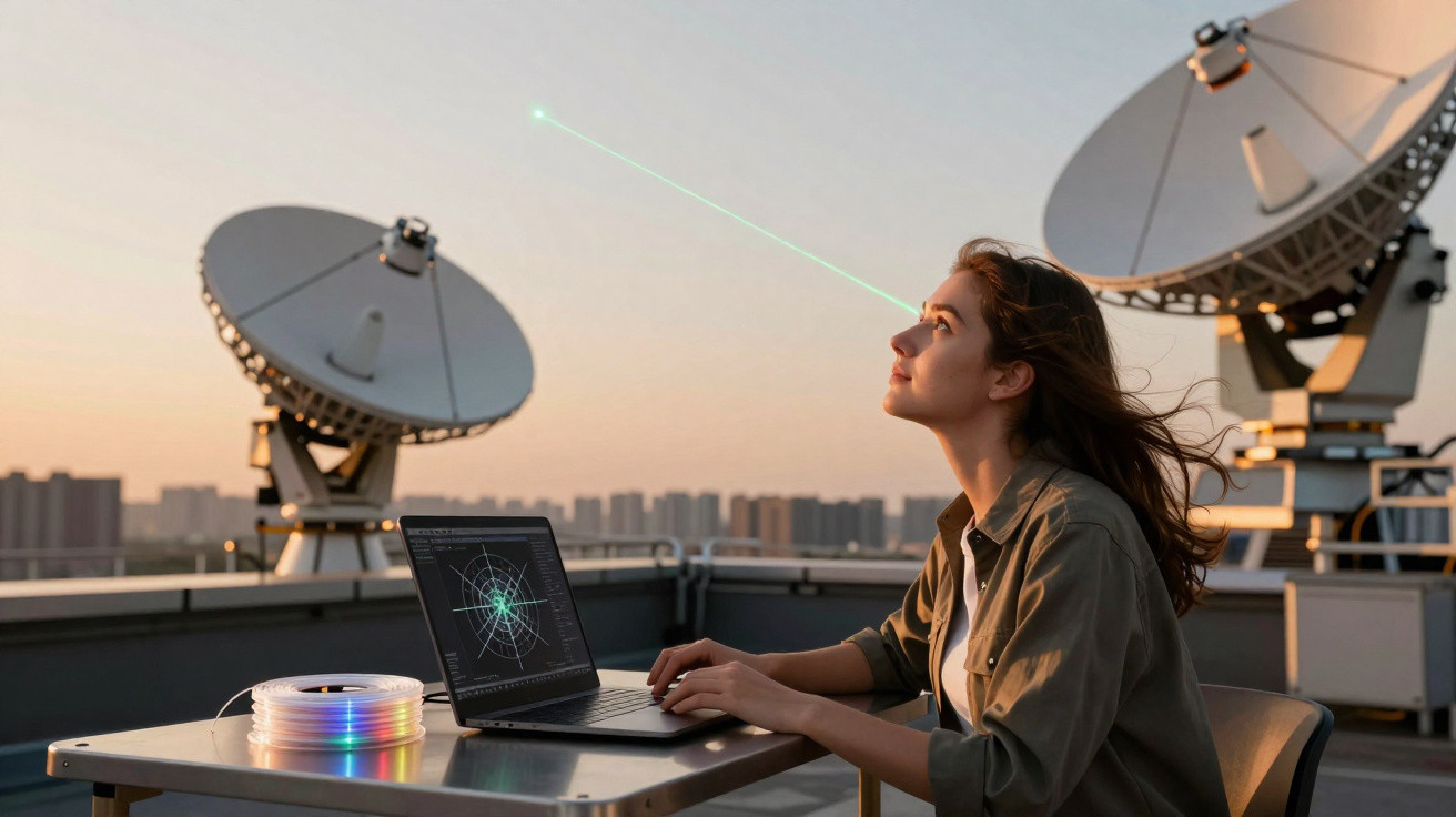 Mulher usando laptop ao ar livre em antena parabólica com feixe laser verde ao pôr do sol.