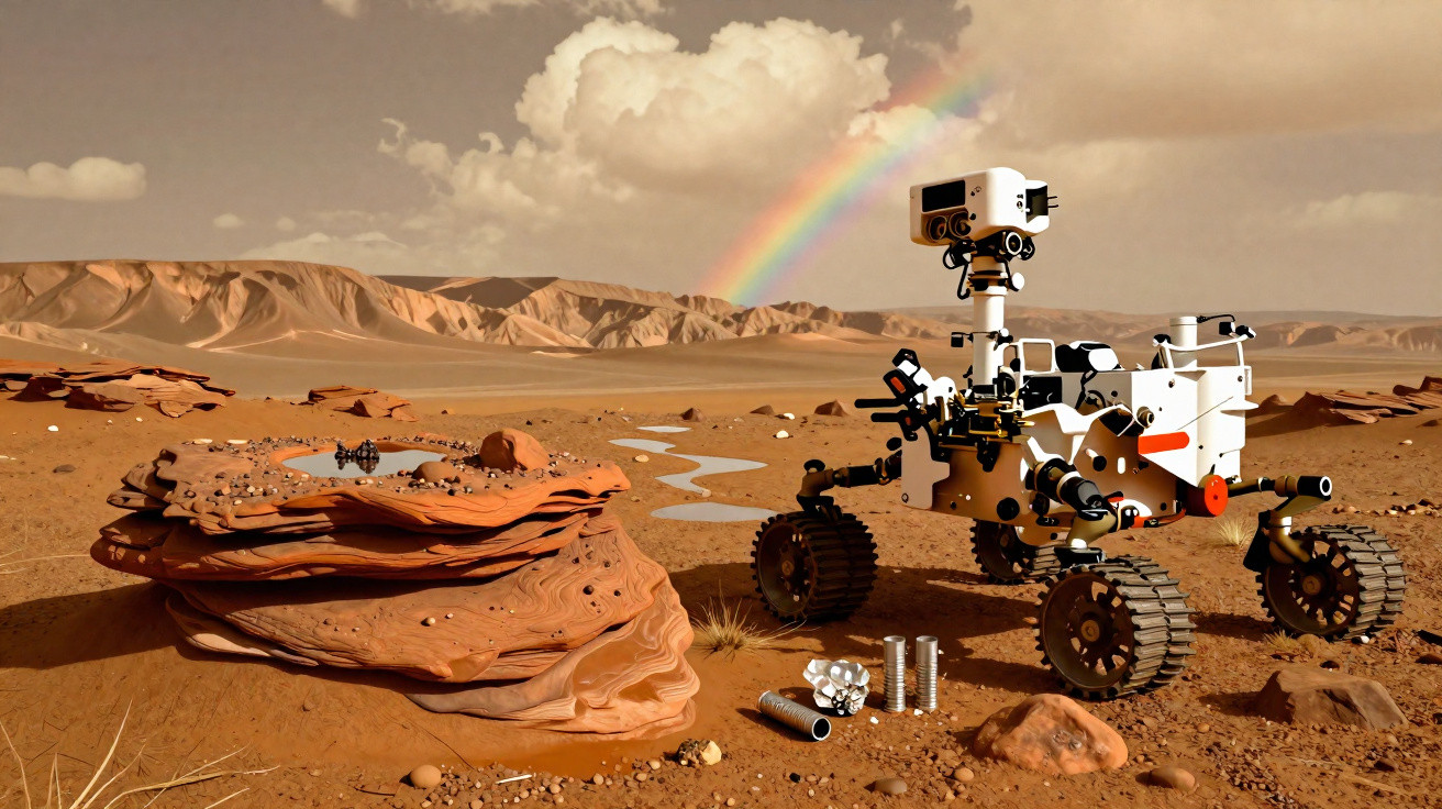 Rover explorando terreno árido com formações rochosas, céu nublado e arco-íris ao fundo.