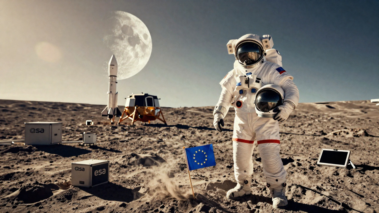 Astronauta na superfície lunar segurando capacete, com bandeira da União Europeia e foguete ao fundo.