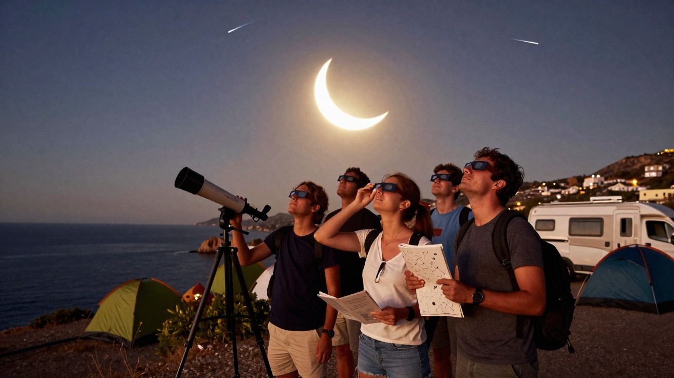 Grupo de cinco pessoas observando eclipse solar com óculos escuros em camping próximo ao mar.