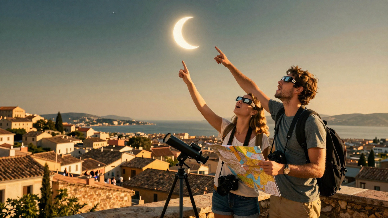 Casal com óculos especiais observa eclipse solar com mapa e telescópio em cidade ao entardecer.