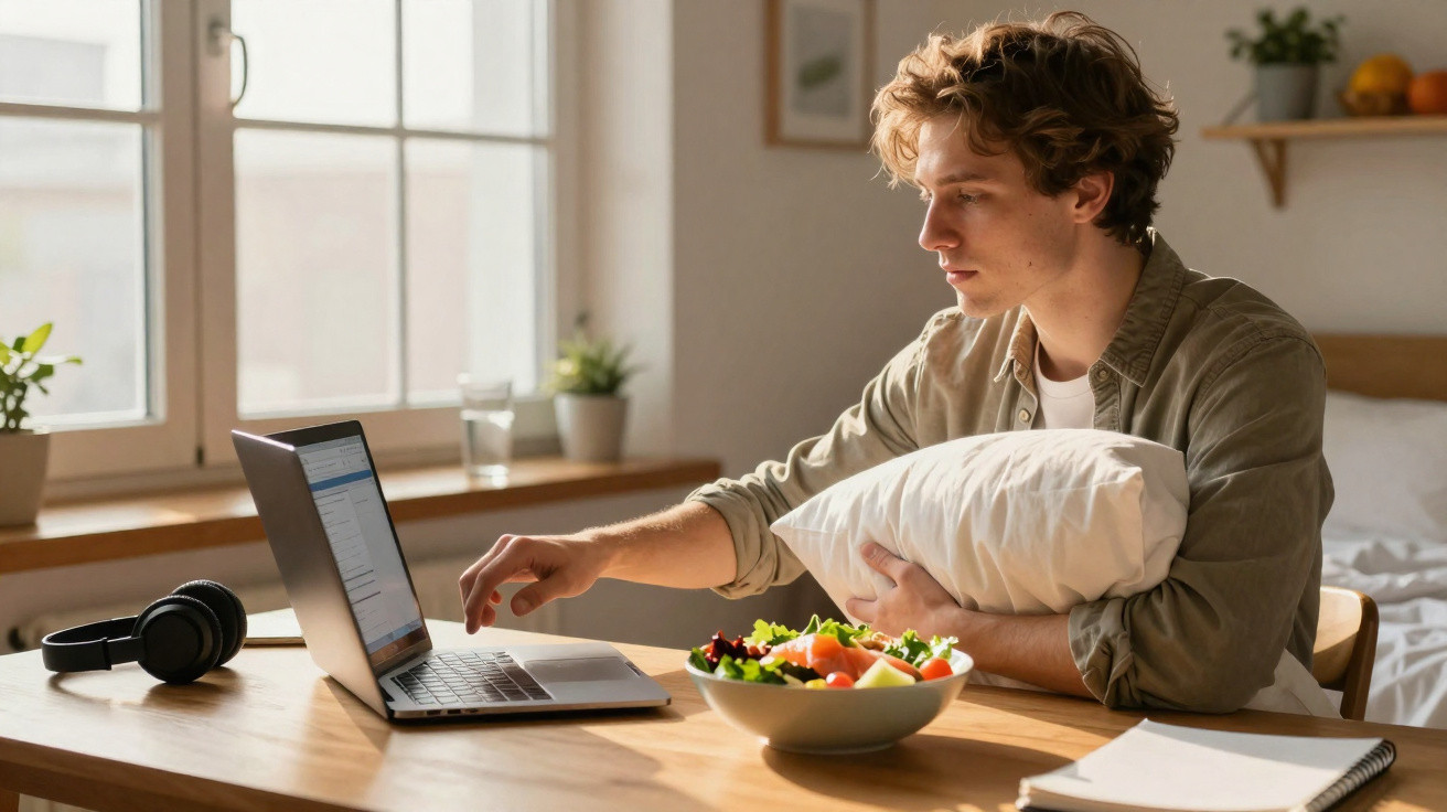 Jovem sentado à mesa com laptop, segurando travesseiro, ao lado de uma tigela de salada e fones de ouvido.