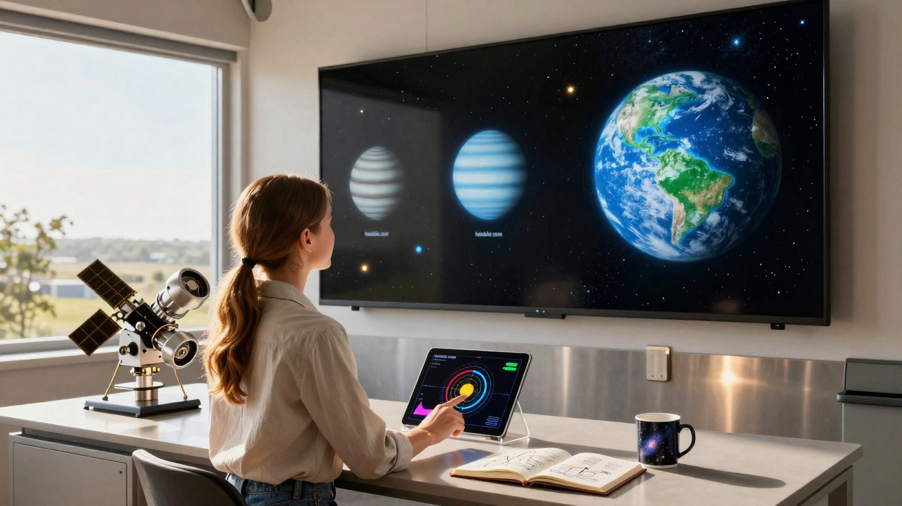 Mulher em escritório com telescópio olhando para tela com imagens de planetas e Terra, usando tablet e livro aberto.