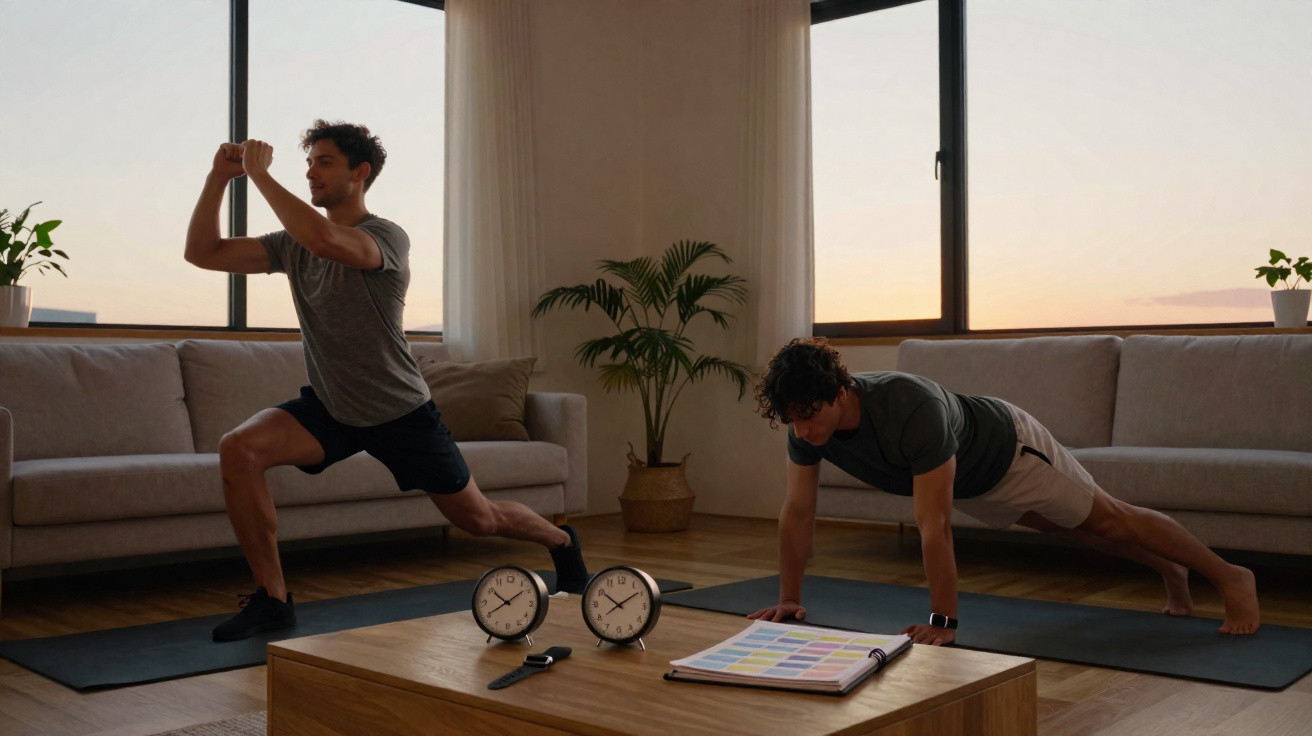 Dois homens se exercitando em tapetes na sala, um fazendo afundo e o outro prancha, ao entardecer.