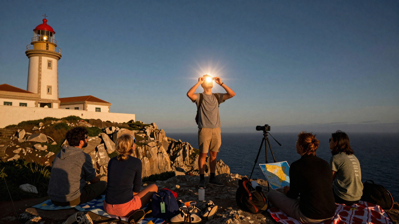 Grupo de cinco pessoas em penhasco perto de farol, uma tirando foto com luz solar forte no rosto.