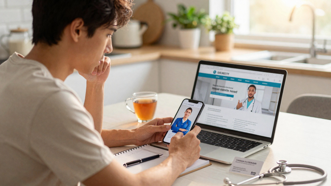 Pessoa consultando médico em telemedicina pelo celular e computador em ambiente doméstico.