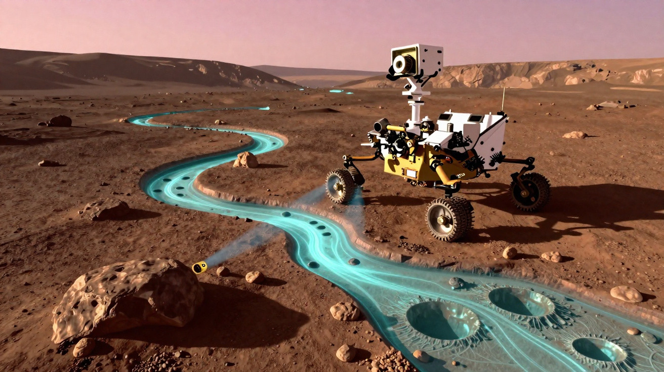 Rover explorando uma superfície marciana com um rio de água líquida brilhante e crateras ao redor.
