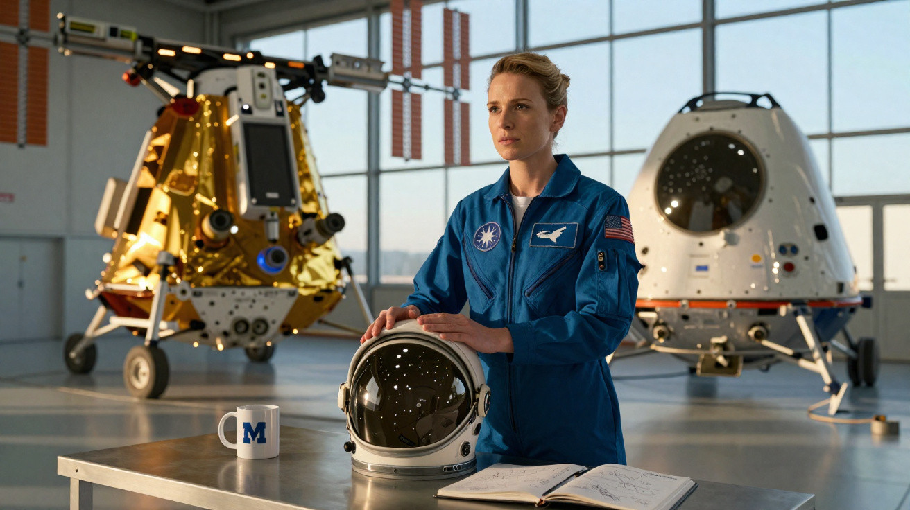 Astronauta em macacão azul em hangar com capacete espacial e veículos espaciais ao fundo.
