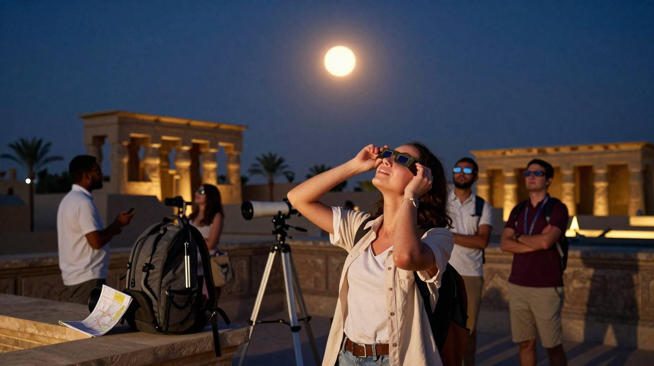 Grupo de pessoas observando o céu noturno com telescópios, luvas e Lua cheia ao fundo.