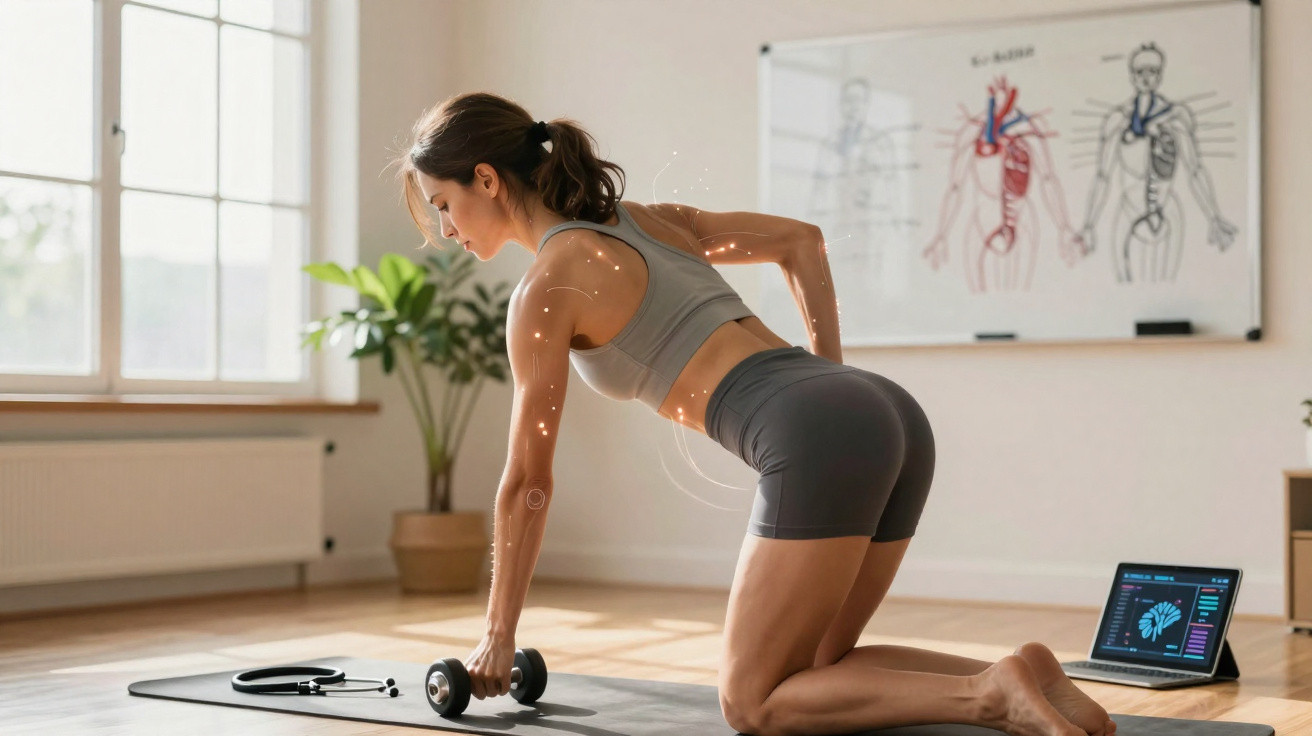 Mulher fazendo exercício com halteres em tapete, ambiente iluminado e tablet com dados anatômicos.