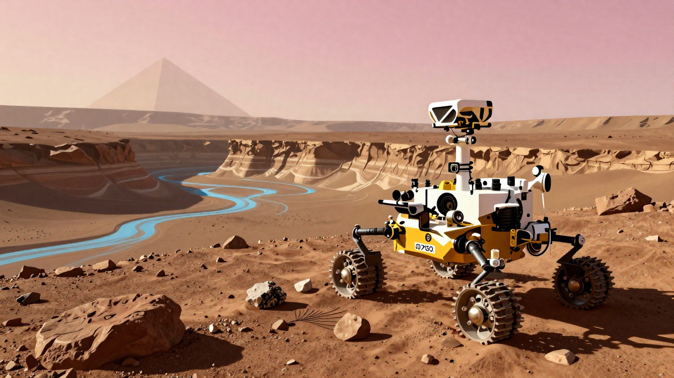 Rover explorando terreno rochoso com cânion e rio azul sob céu cor-de-rosa e pirâmide ao fundo.