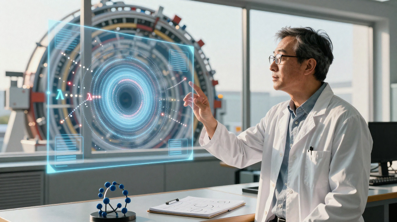 Cientista asiático interagindo com holograma tecnológico em laboratório moderno com equipamento avançado ao fundo.