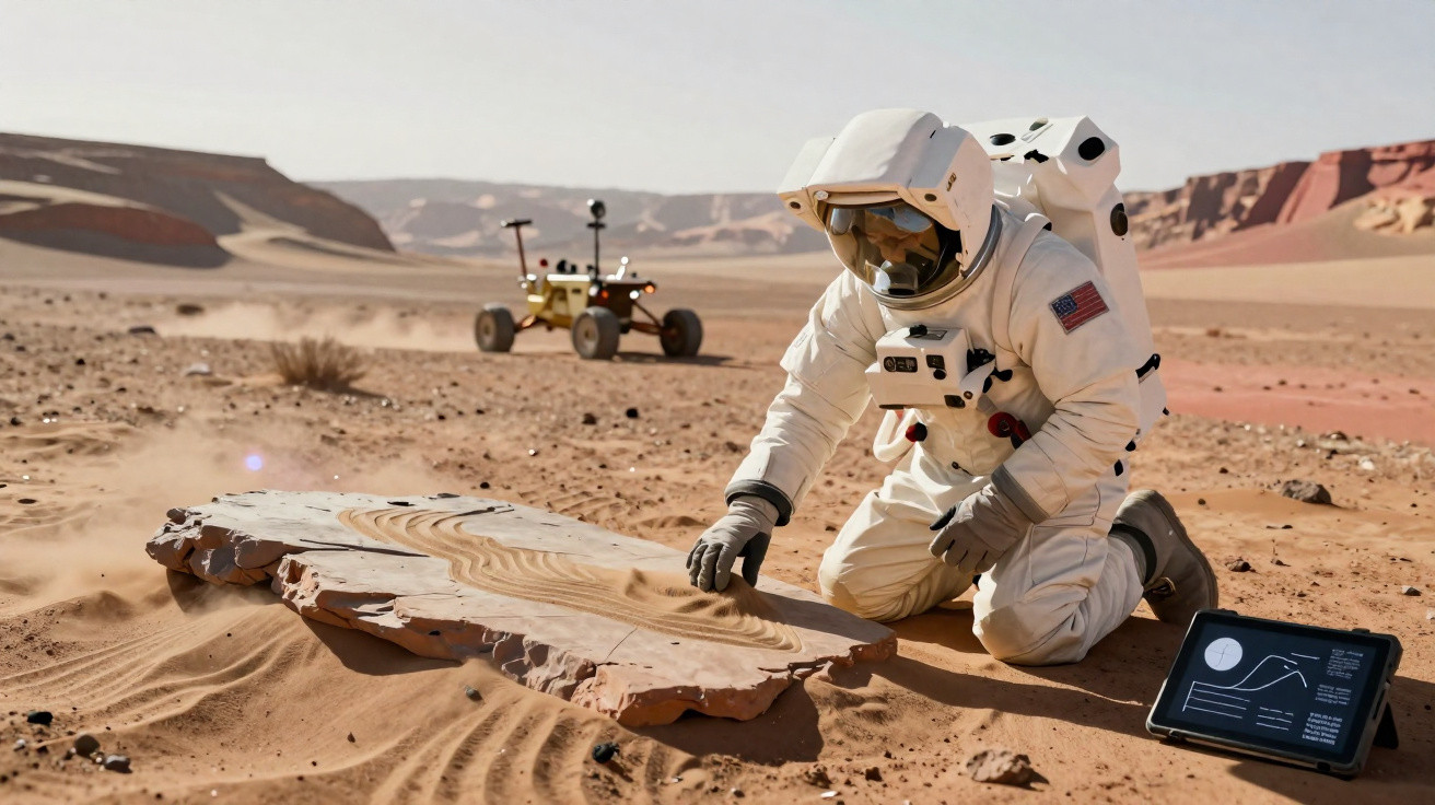 Astronauta examina rocha em solo marciano com rover e tablet ao fundo em paisagem árida.