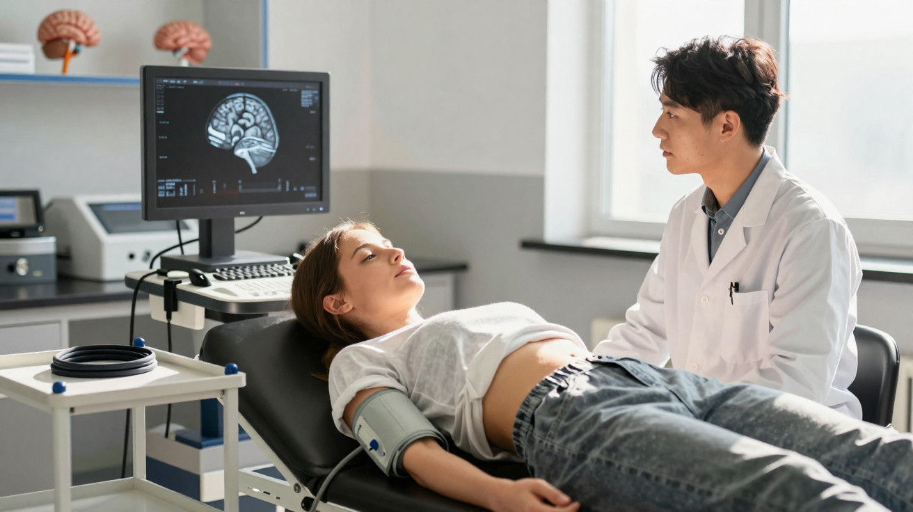 Paciente deitada com medidor de pressão no braço e médico observando em consultório com imagem cerebral na tela.
