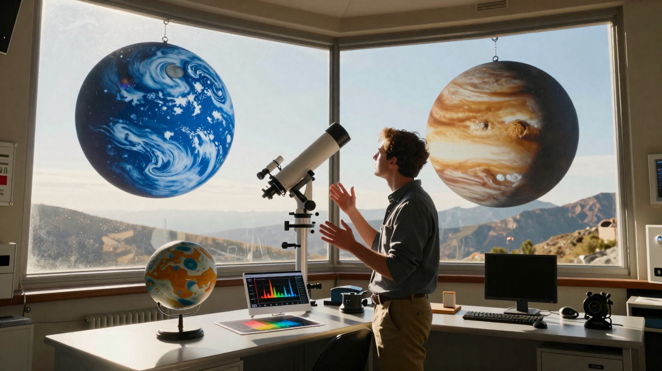Homem em sala com modelos grandes de planetas, telescópio e computadores, observando o universo pela janela.