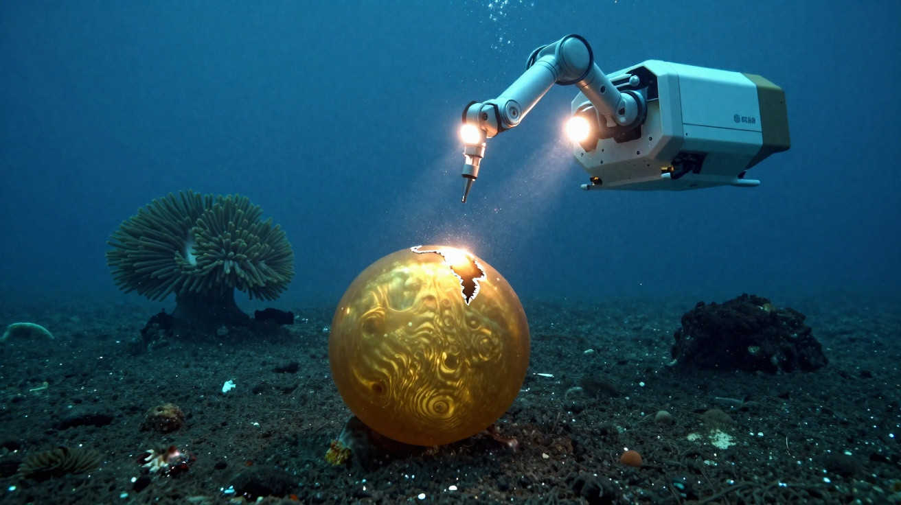 Braço robótico subaquático iluminando e perfurando um orbe dourado no fundo do mar.