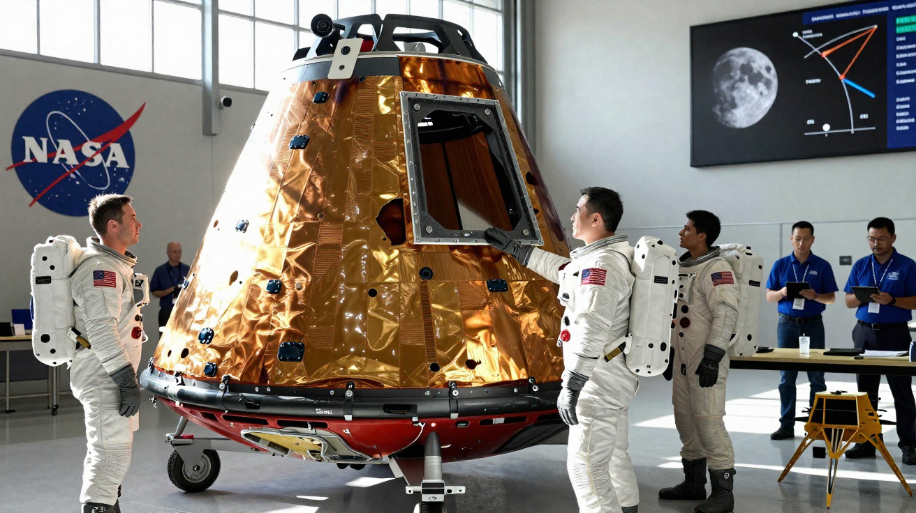 Astronautas em trajes espaciais inspecionam módulo lunar da NASA em hangar com painel da Lua ao fundo.
