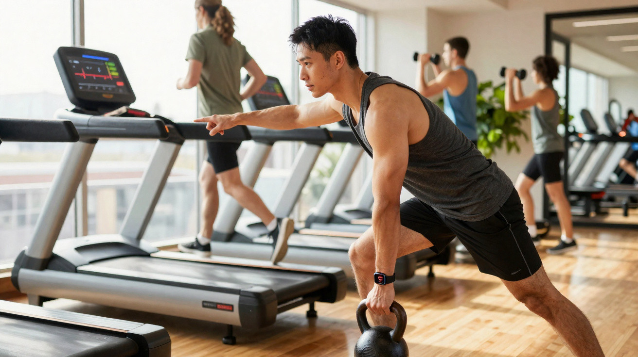 Homem fazendo exercício com kettlebell na academia com pessoas correndo na esteira ao fundo.