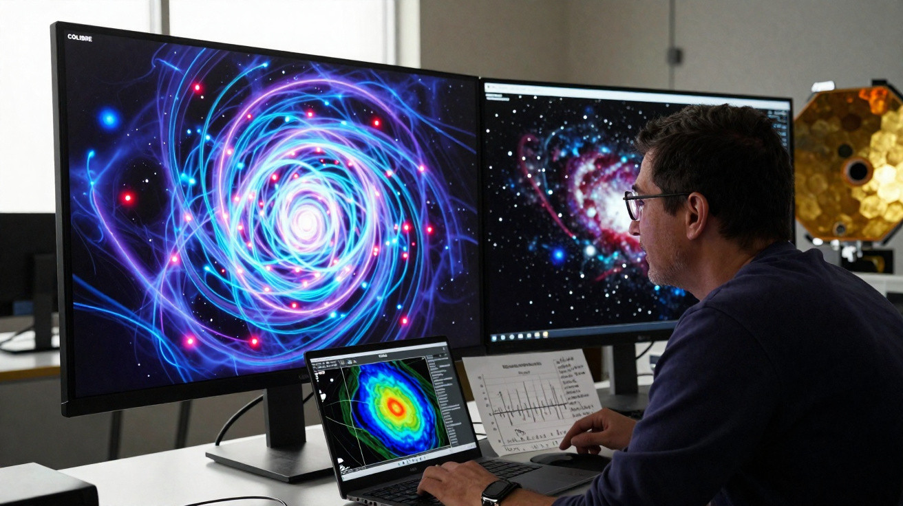 Pessoa estudando imagens de galáxias e dados astronômicos em dois monitores grandes e um notebook.