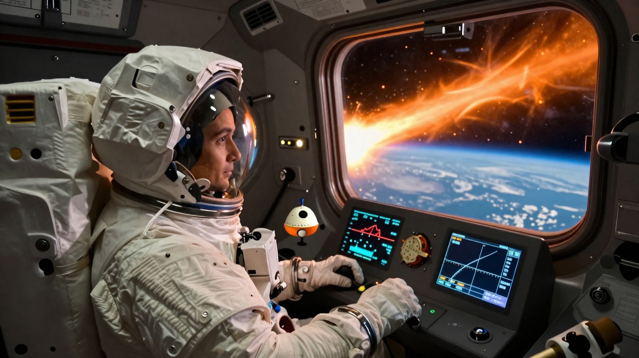 Astronauta observa explosão de meteorito entrando na atmosfera terrestre a partir da cabine da nave espacial.