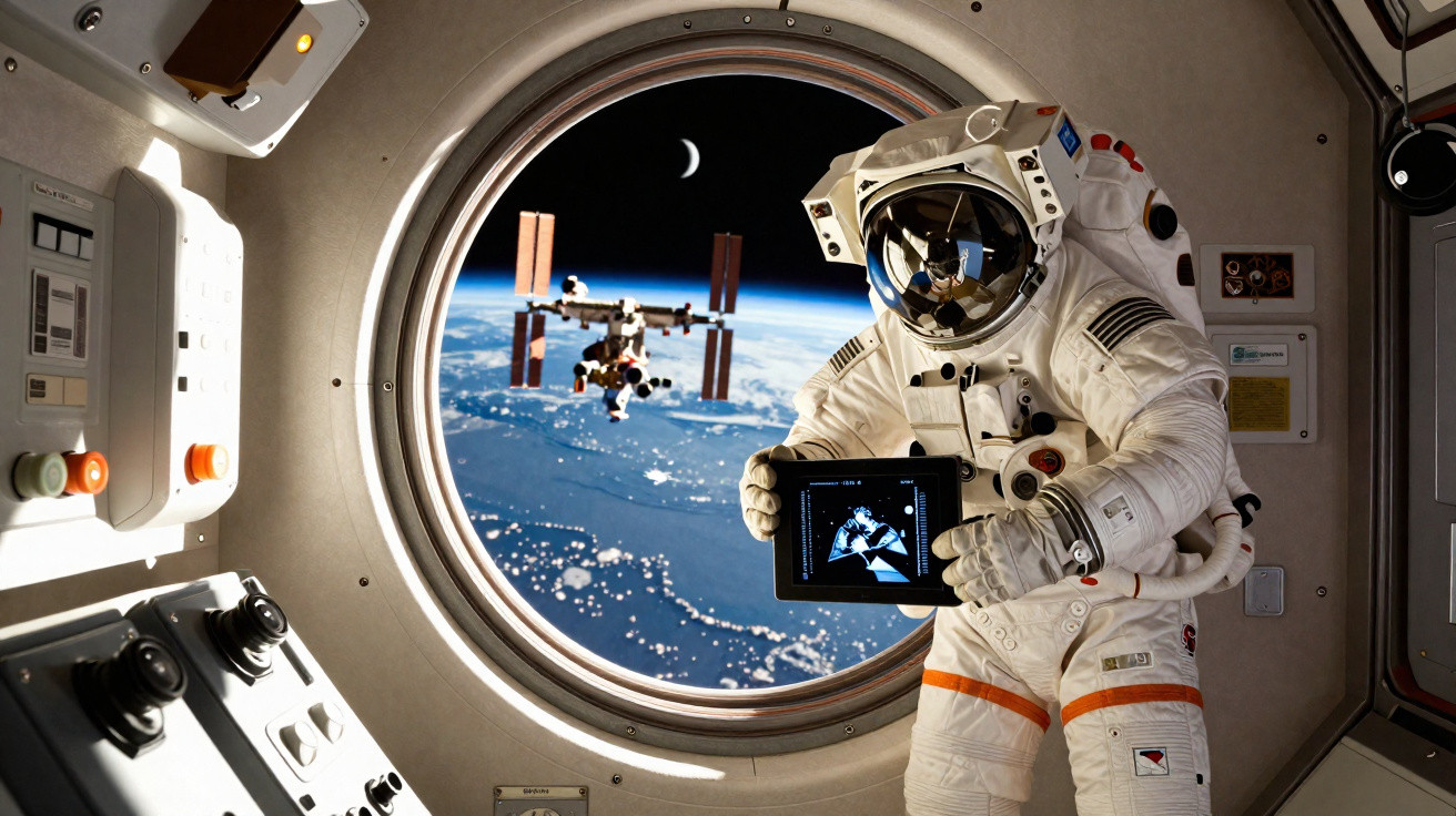 Astronauta em traje espacial com tablet, janela mostra Terra e estação espacial em órbita.