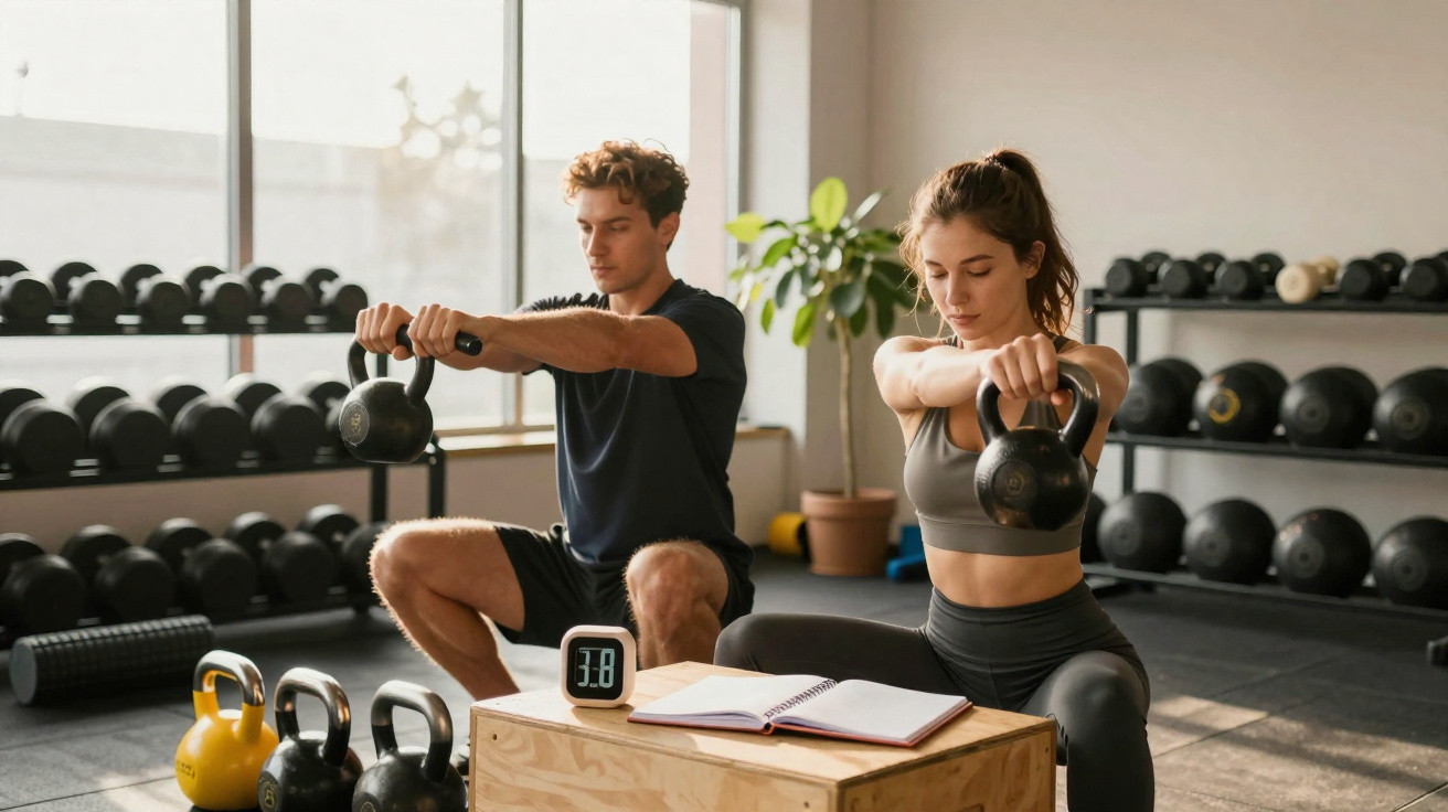 Casal fazendo agachamento com kettlebells em academia com equipamentos ao fundo.