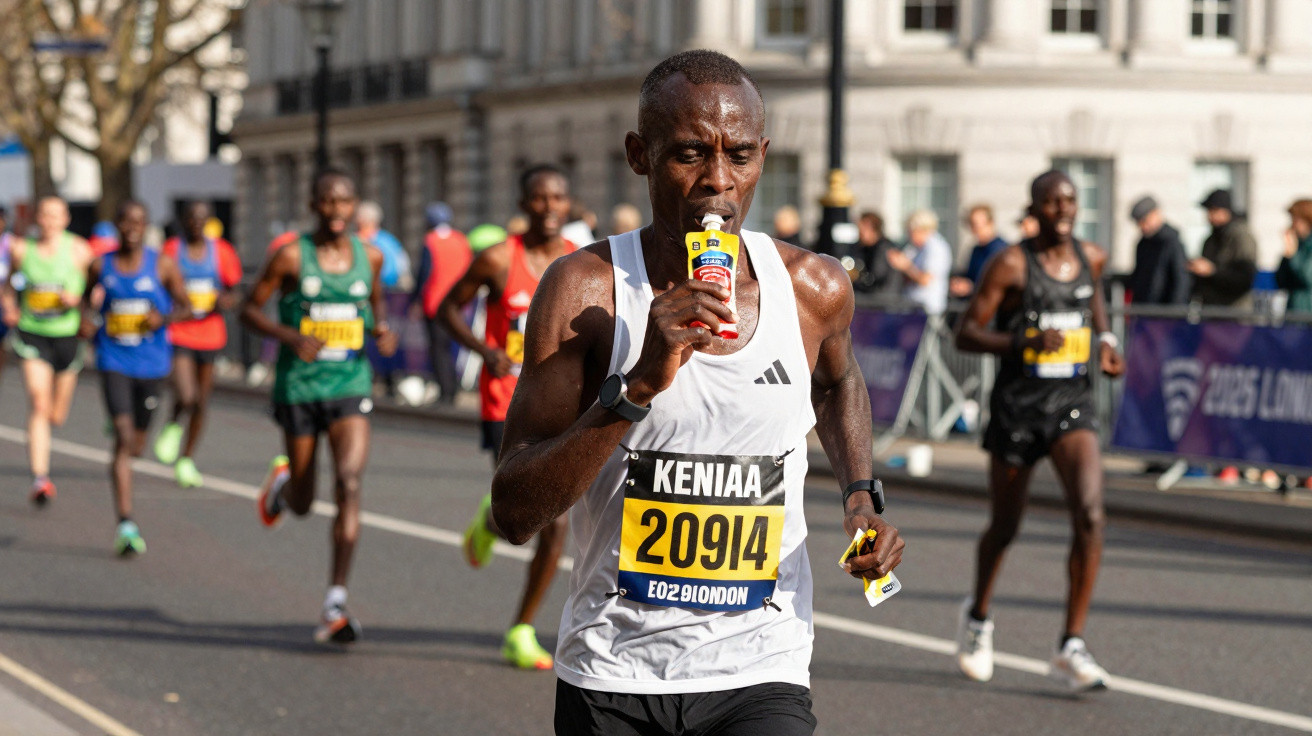 Atleta queniano correndo em maratona urbanacomendo gel de energia durante a prova.