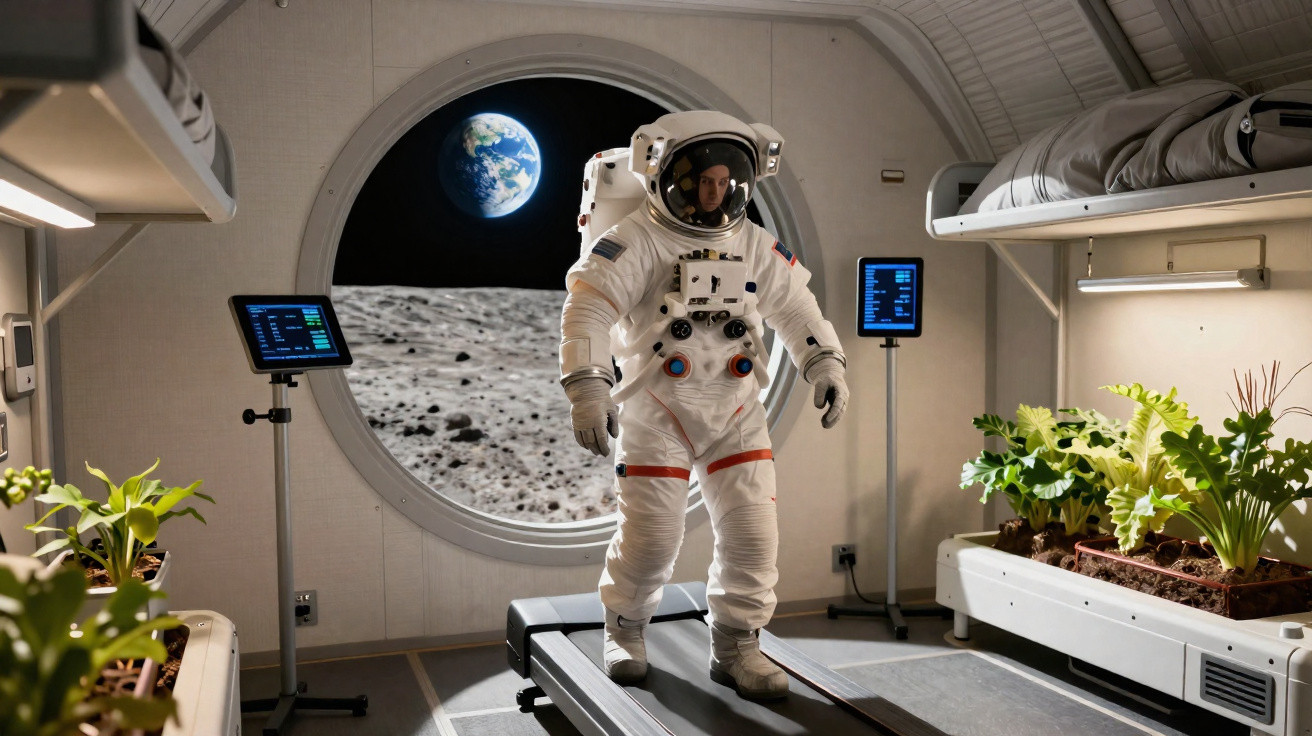 Astronauta usando traje completo em ambiente lunar com janela mostrando a Terra e plantas cultivadas no interior.