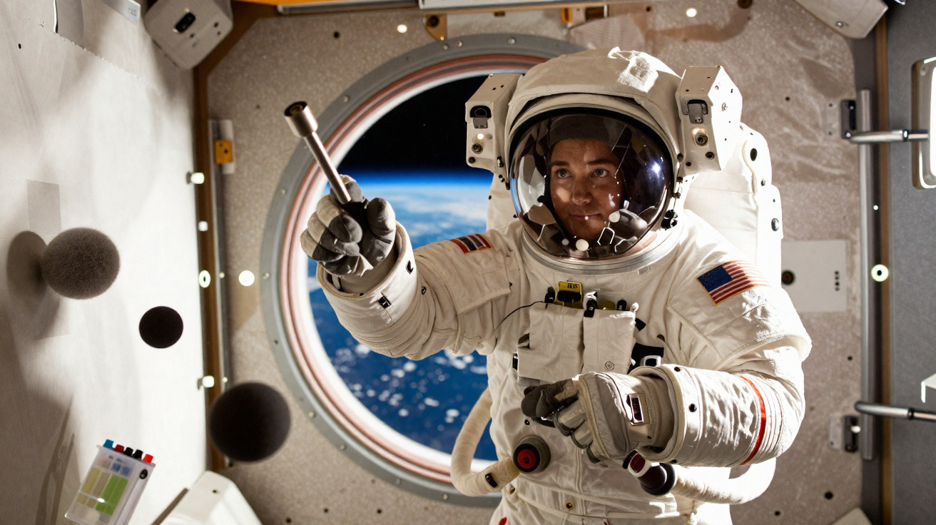 Astronauta americana em traje espacial dentro de estação com vista da Terra pela janela circular.