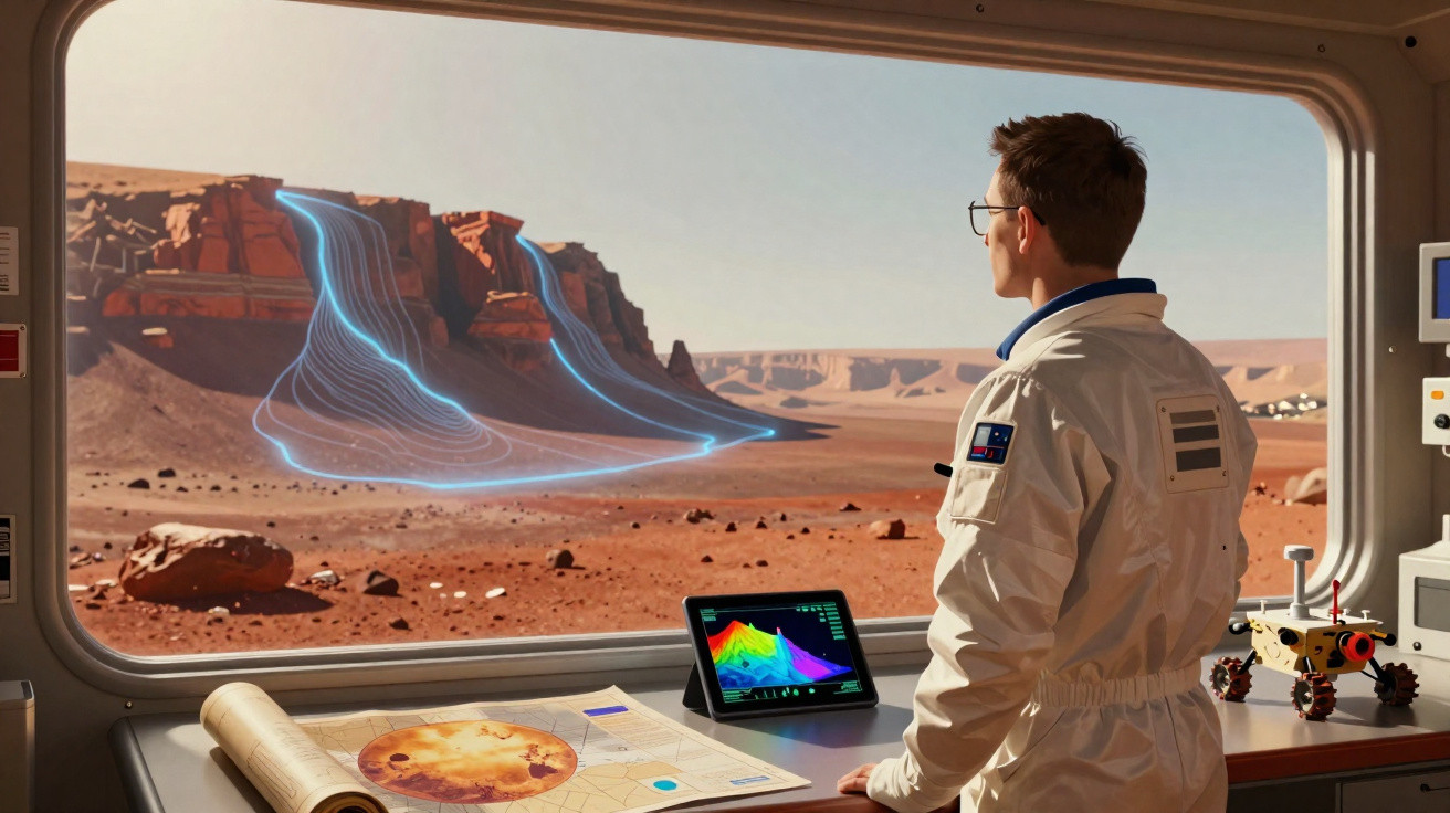 Astronauta em estação observa paisagem marciana com relevo iluminado por linhas azuis digitais.