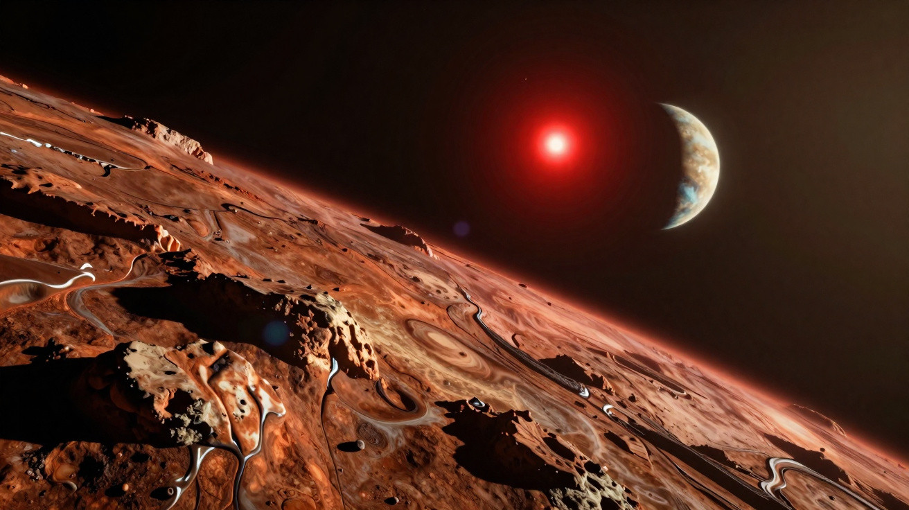 Superfície rochosa e árida de planeta vermelho com estrela vermelha brilhante e planeta azul ao fundo no espaço.