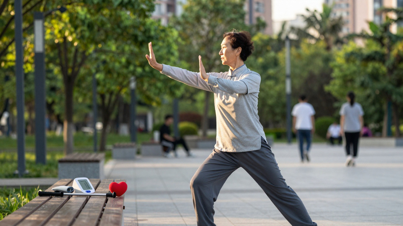 Mulher praticando tai chi em parque urbano, com aparelho de pressão e coração de pelúcia em banco próximo.