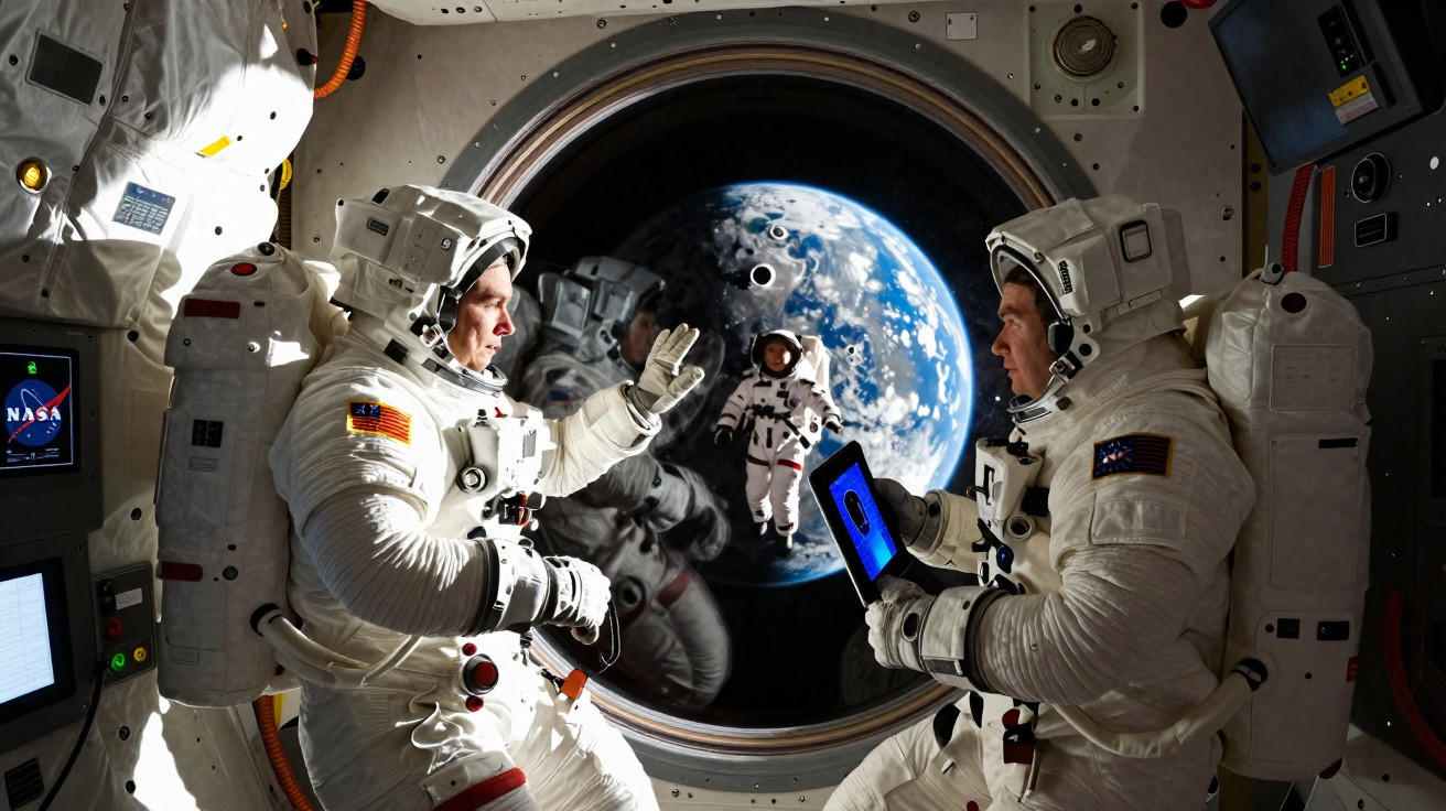 Três astronautas em traje espacial dentro de uma estação espacial com a Terra ao fundo na janela.