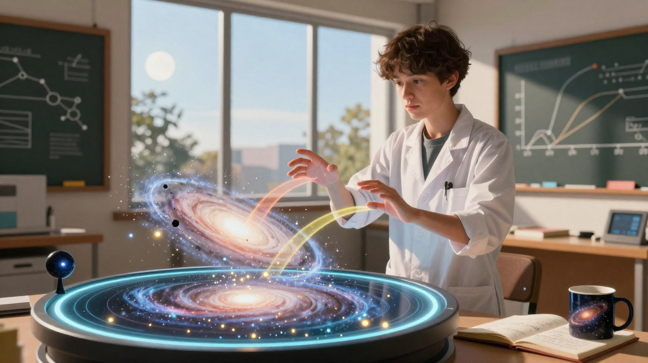 Jovem cientista interage com holograma de galáxias em laboratório moderno com quadros e livros.