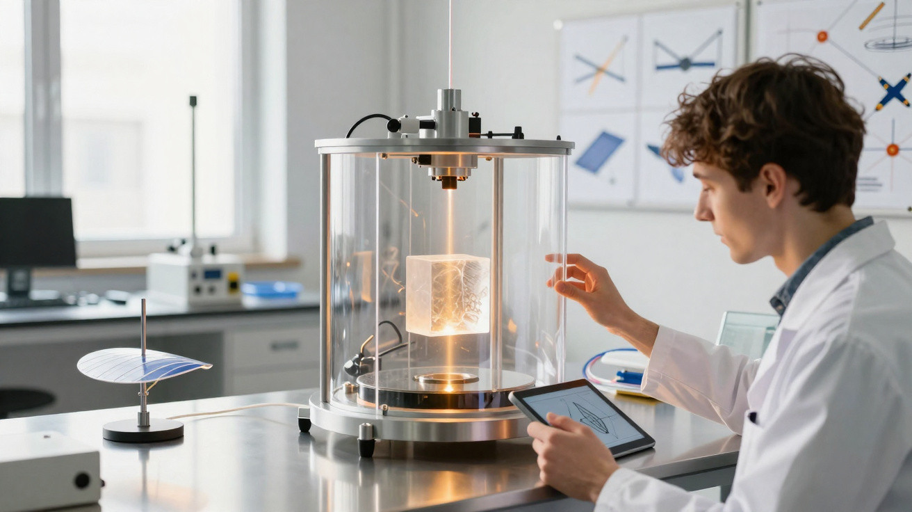 Cientista em laboratório usando tablet para analisar objeto suspenso em aparelho de levitação magnética.