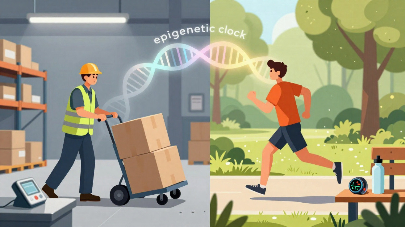 Divisão da imagem entre trabalhador em fábrica e homem correndo ao ar livre, conectado por DNA e texto "epigenetic clock".