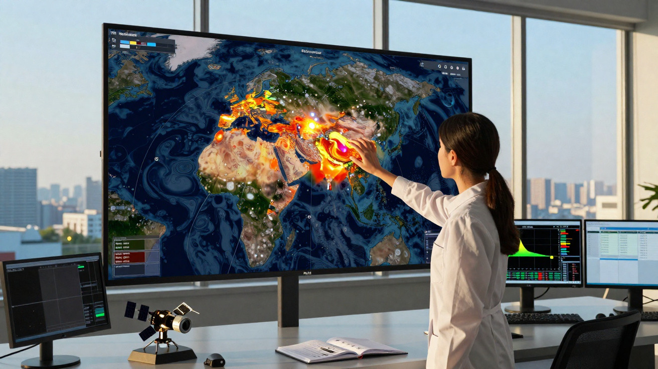 Mulher em laboratório interage com mapa digital do mundo exibindo dados climáticos intensos.