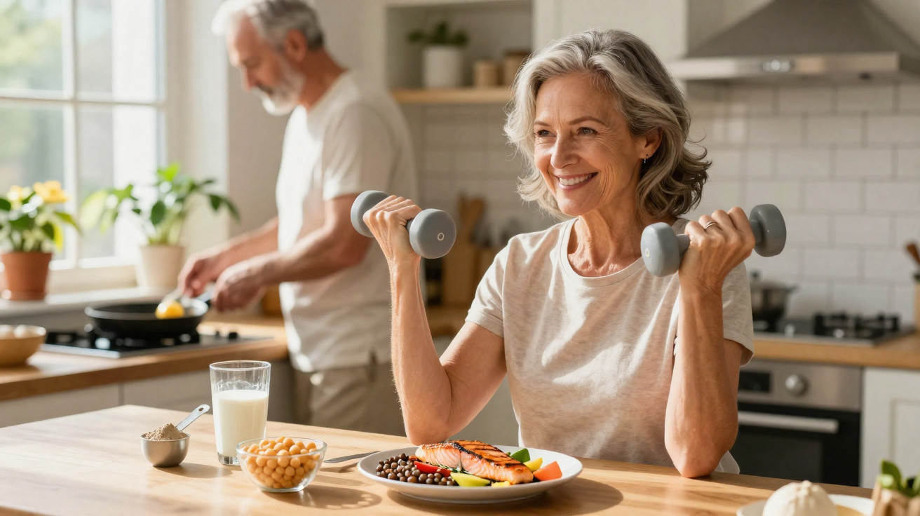 Mulher sorridente fazendo exercícios com halteres na cozinha, homem preparando comida ao fundo.